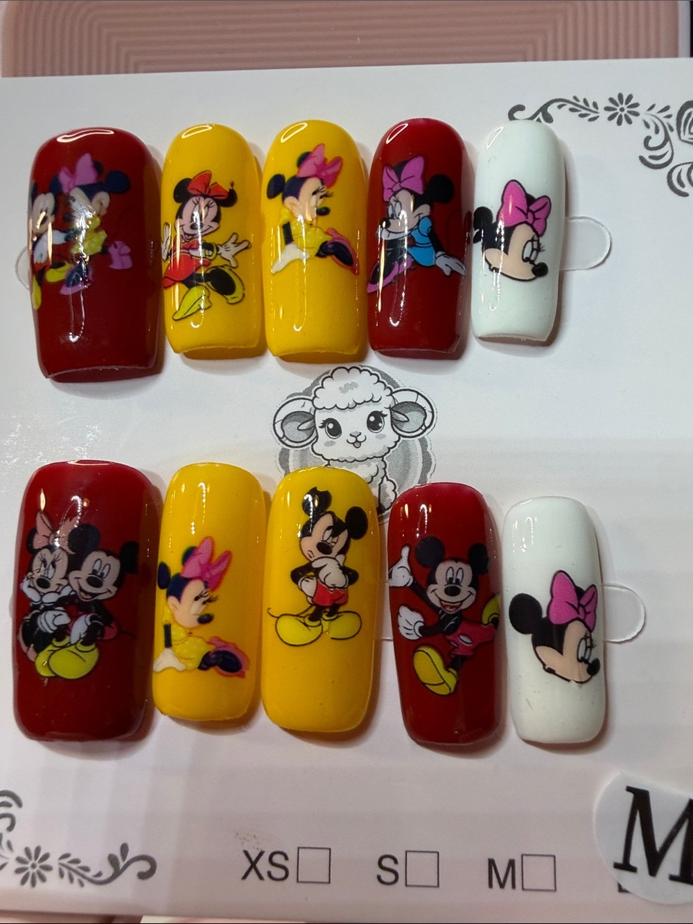 Cute Minnie & Mickey Press-On Nails - Red, Yellow, White